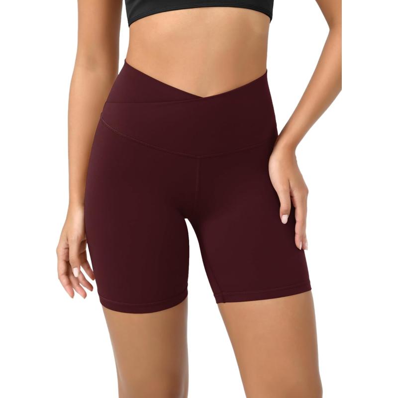 ODODOS Cloud Feeling Crossover Yoga Shorts with Back Pocket for Women 6quot  8 V High Wasit Lounge Biker ShortsBurgundy