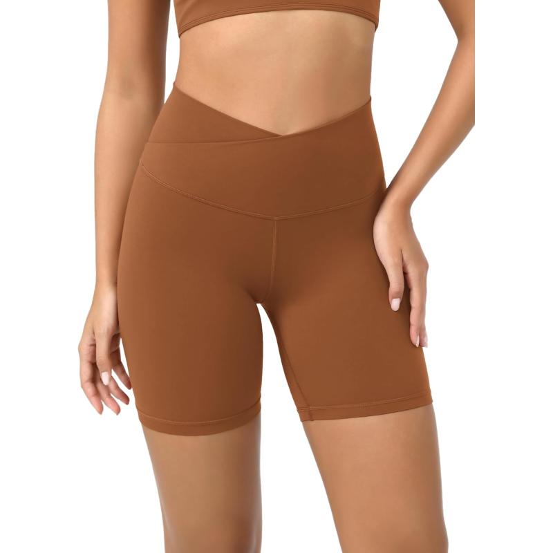 ODODOS Cloud Feeling Crossover Yoga Shorts with Back Pocket for Women 6quot  8 V High Wasit Lounge Biker ShortsCaramel