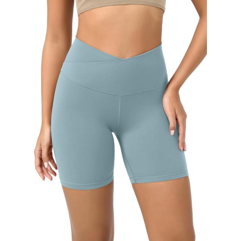 ODODOS Cloud Feeling Crossover Yoga Shorts with Back Pocket for Women 6quot  8 V High Wasit Lounge Biker ShortsChambray