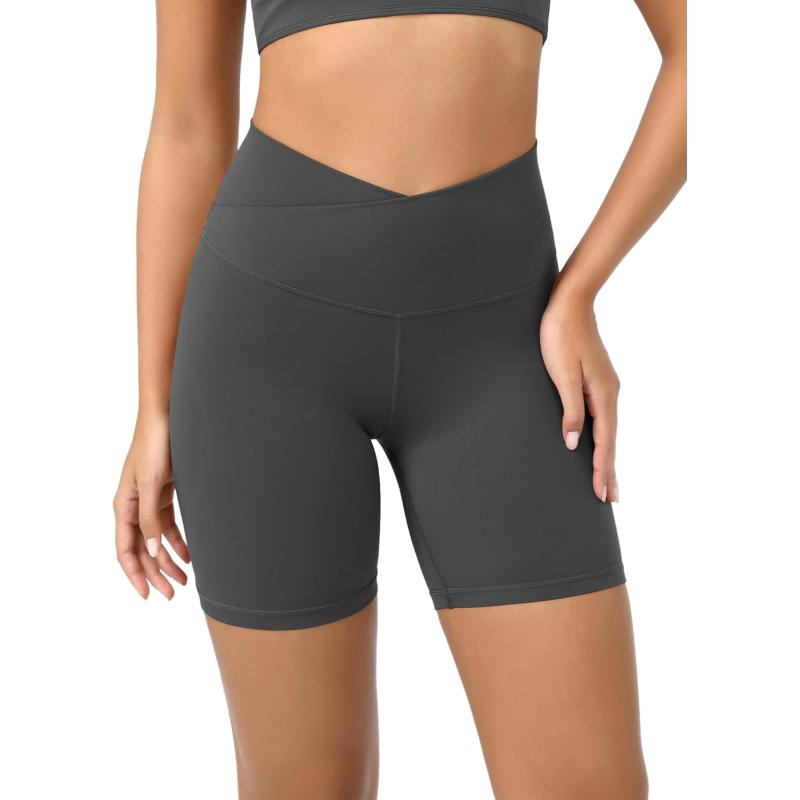 ODODOS Cloud Feeling Crossover Yoga Shorts with Back Pocket for Women 6quot  8 V High Wasit Lounge Biker ShortsCharcoal