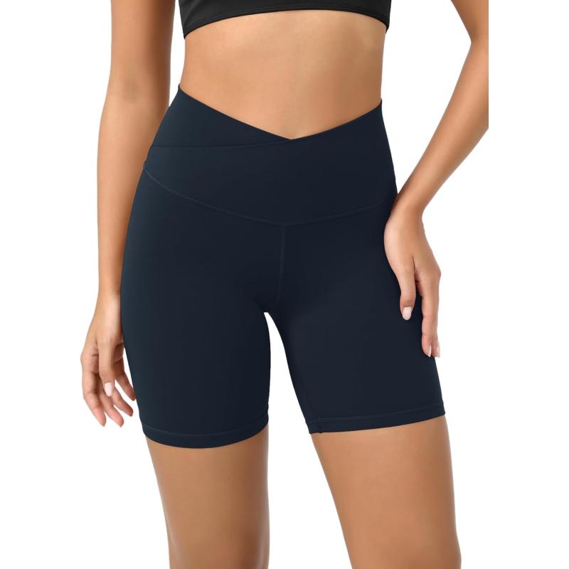 ODODOS Cloud Feeling Crossover Yoga Shorts with Back Pocket for Women 6quot  8 V High Wasit Lounge Biker ShortsDeep Navy