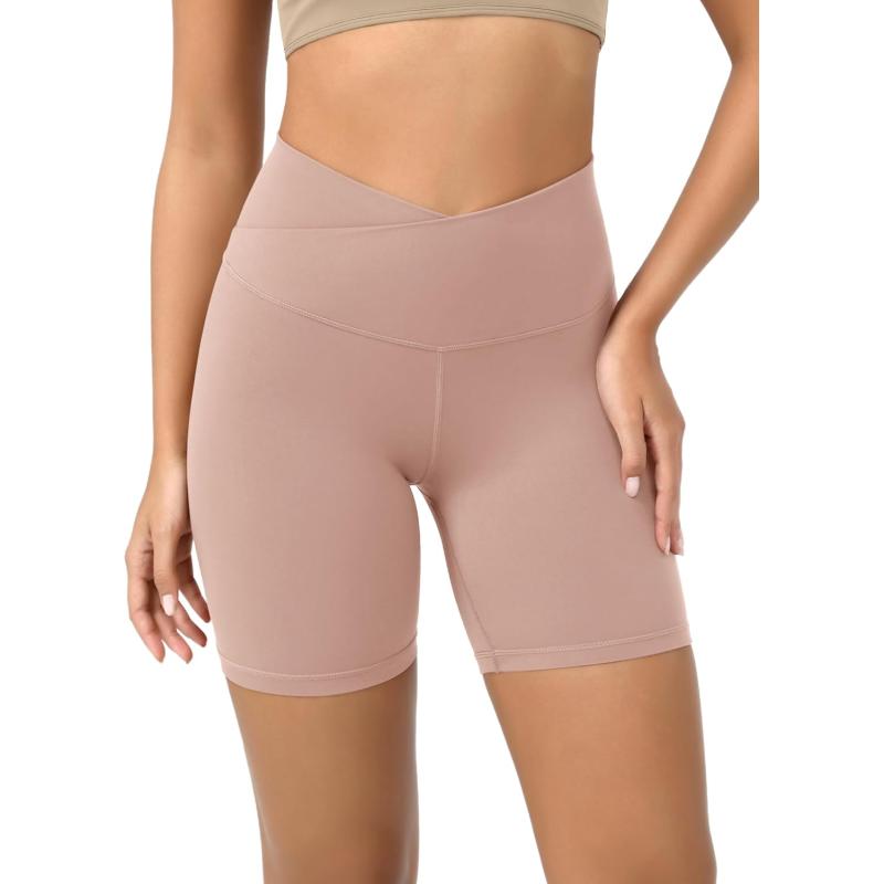 ODODOS Cloud Feeling Crossover Yoga Shorts with Back Pocket for Women 6quot  8 V High Wasit Lounge Biker ShortsDusty Pink