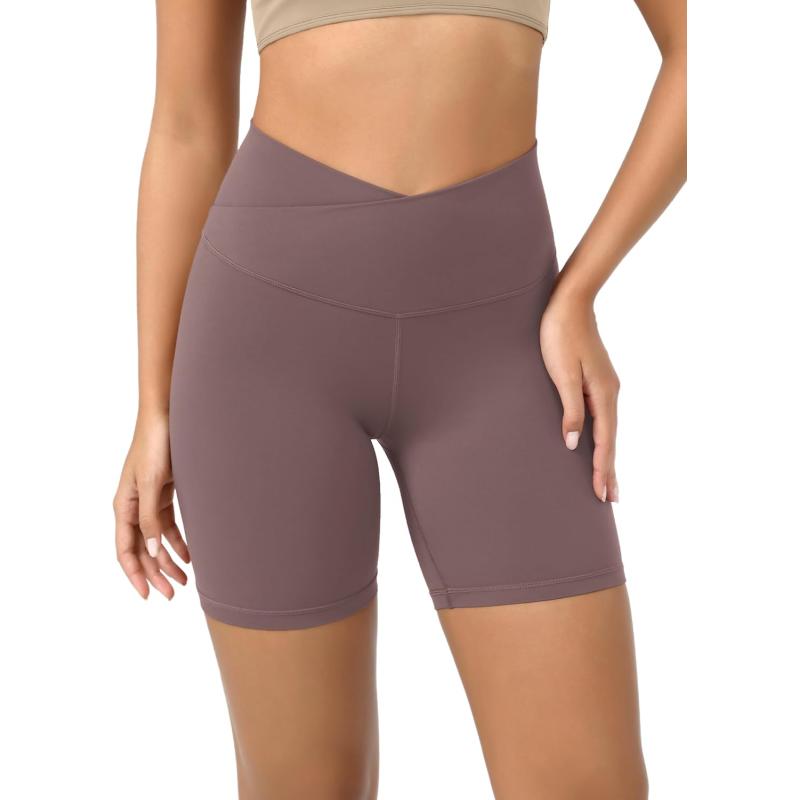 ODODOS Cloud Feeling Crossover Yoga Shorts with Back Pocket for Women 6quot  8 V High Wasit Lounge Biker ShortsPurple Taupe