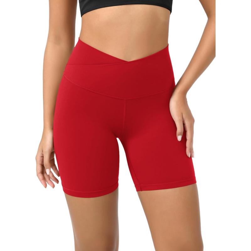 ODODOS Cloud Feeling Crossover Yoga Shorts with Back Pocket for Women 6quot  8 V High Wasit Lounge Biker ShortsRed