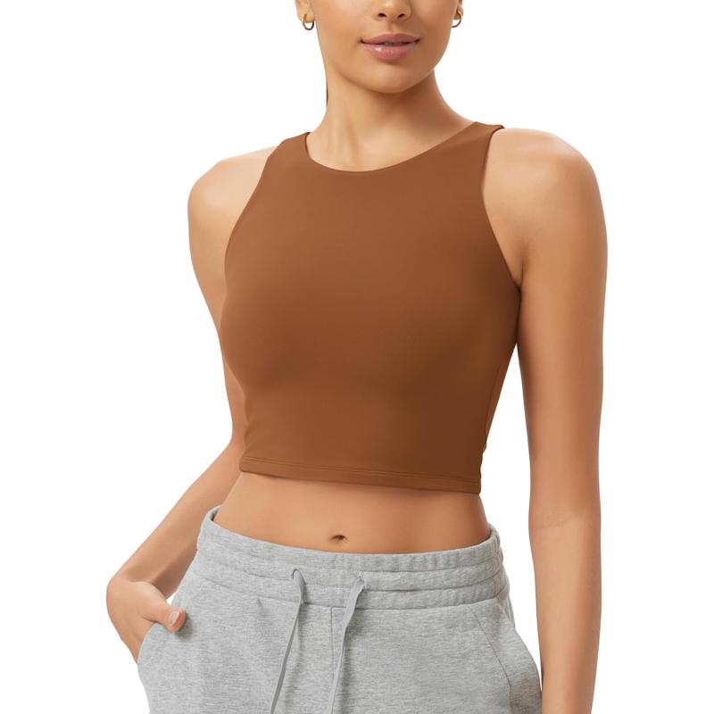 ODODOS Cloud Feeling High Neck Crop Tank for Women Double Layer Sleeveless Casual Yoga Cropped TopsCaramel