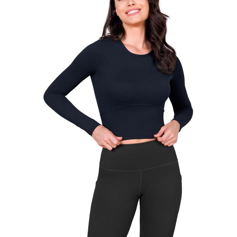 ODODOS Cloud Feeling Long Sleeve Crop Tops for Women Crew Neck Athletic Gym Workout Yoga Tee ShirtsDeep Navy