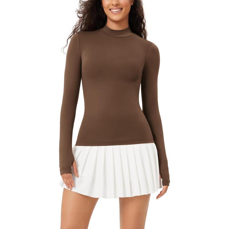 ODODOS Cloud Feeling Long Sleeve Shirts with Thumb Hole for Women Mock Neck Yoga TShirts Workout TopsBrunette