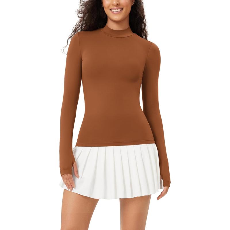 ODODOS Cloud Feeling Long Sleeve Shirts with Thumb Hole for Women Mock Neck Yoga TShirts Workout TopsCaramel