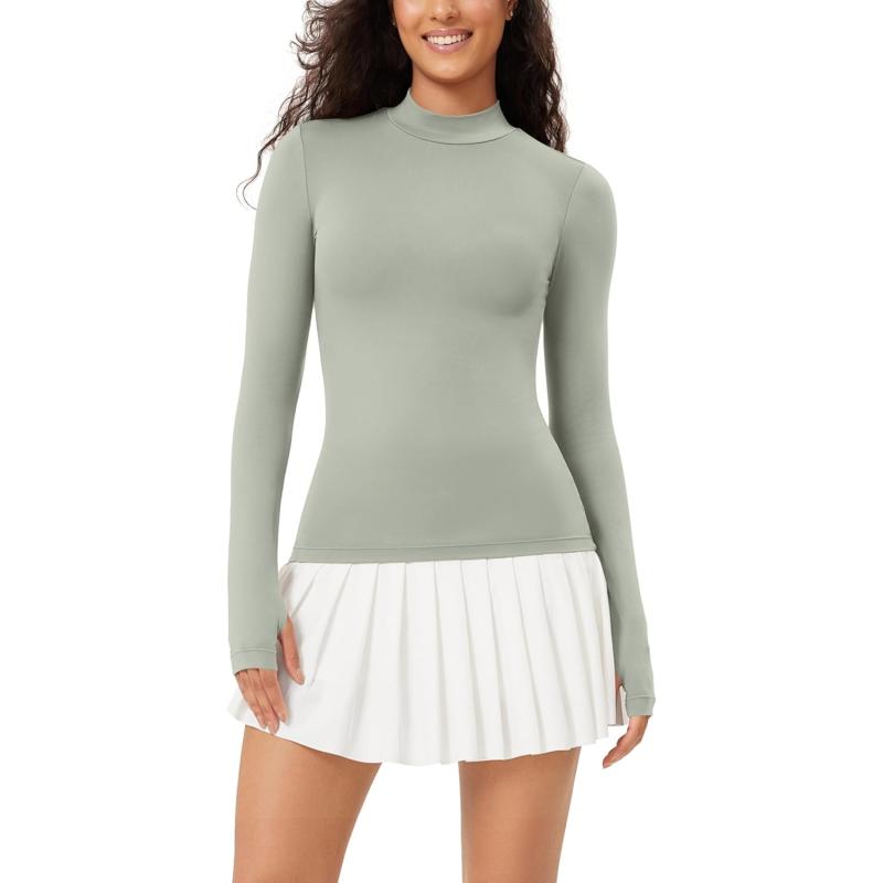ODODOS Cloud Feeling Long Sleeve Shirts with Thumb Hole for Women Mock Neck Yoga TShirts Workout TopsLime Stone
