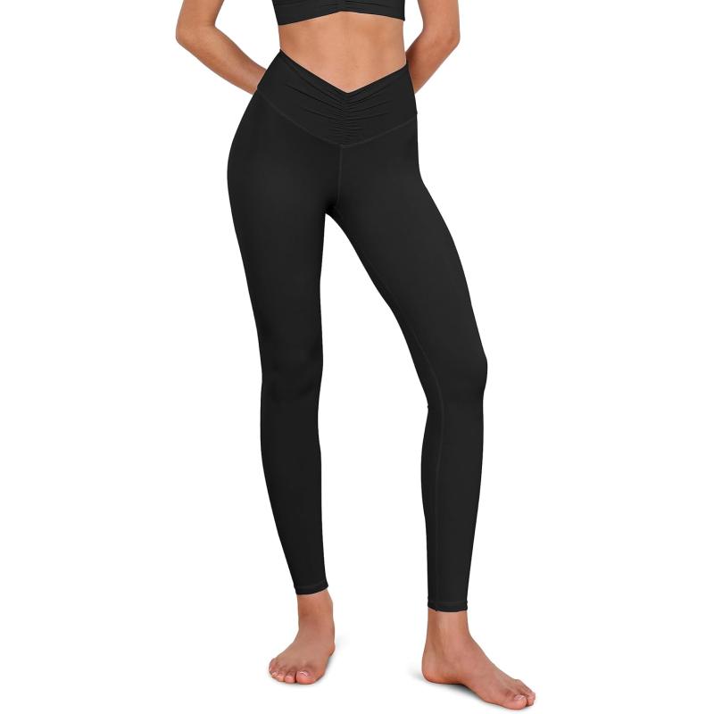 ODODOS Cloud Feeling Ruched Yoga Leggings for Women 25quot  28quot High Waist Crossover Yoga PantsBlack