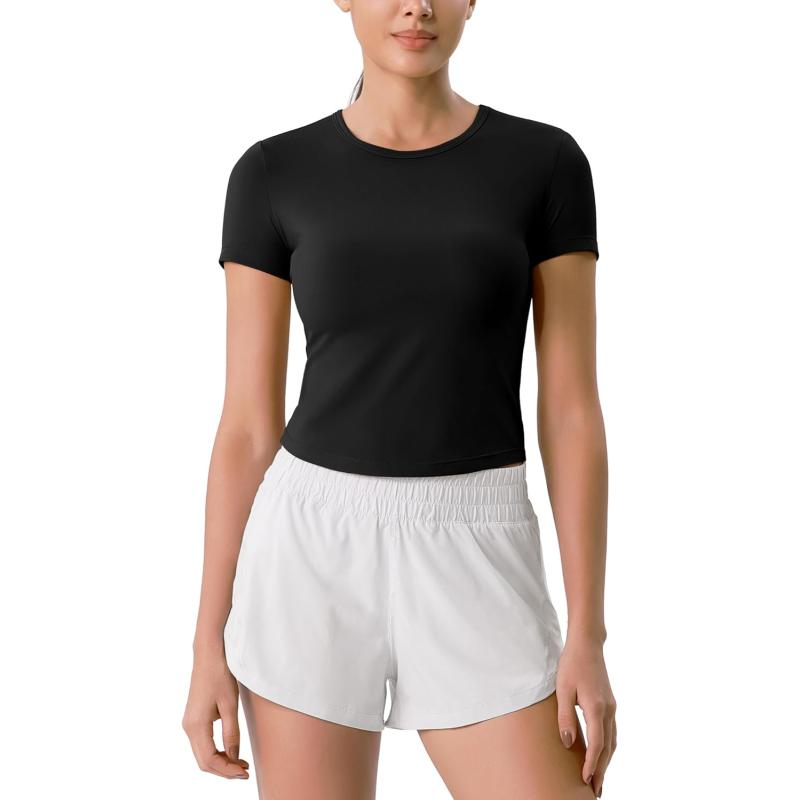 ODODOS Cloud Feeling Short Sleeve Tee for Women Curved Hem Crew Neck Crop Tops Summer Yoga TShirtsBlack