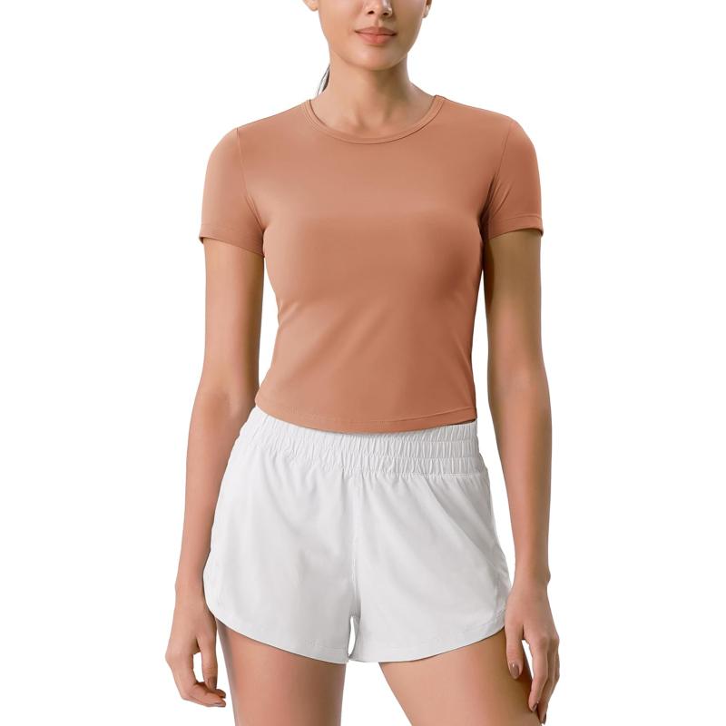 ODODOS Cloud Feeling Short Sleeve Tee for Women Curved Hem Crew Neck Crop Tops Summer Yoga TShirtsBrown