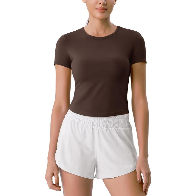 ODODOS Cloud Feeling Short Sleeve Tee for Women Curved Hem Crew Neck Crop Tops Summer Yoga TShirtsCocoa
