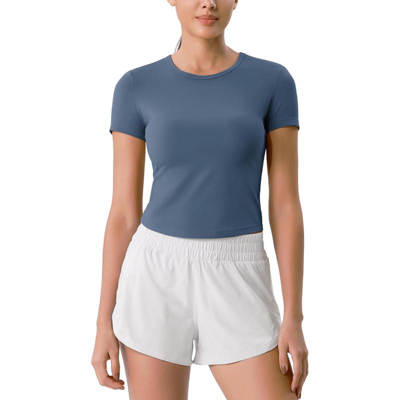 ODODOS Cloud Feeling Short Sleeve Tee for Women Curved Hem Crew Neck Crop Tops Summer Yoga TShirtsInk Blue