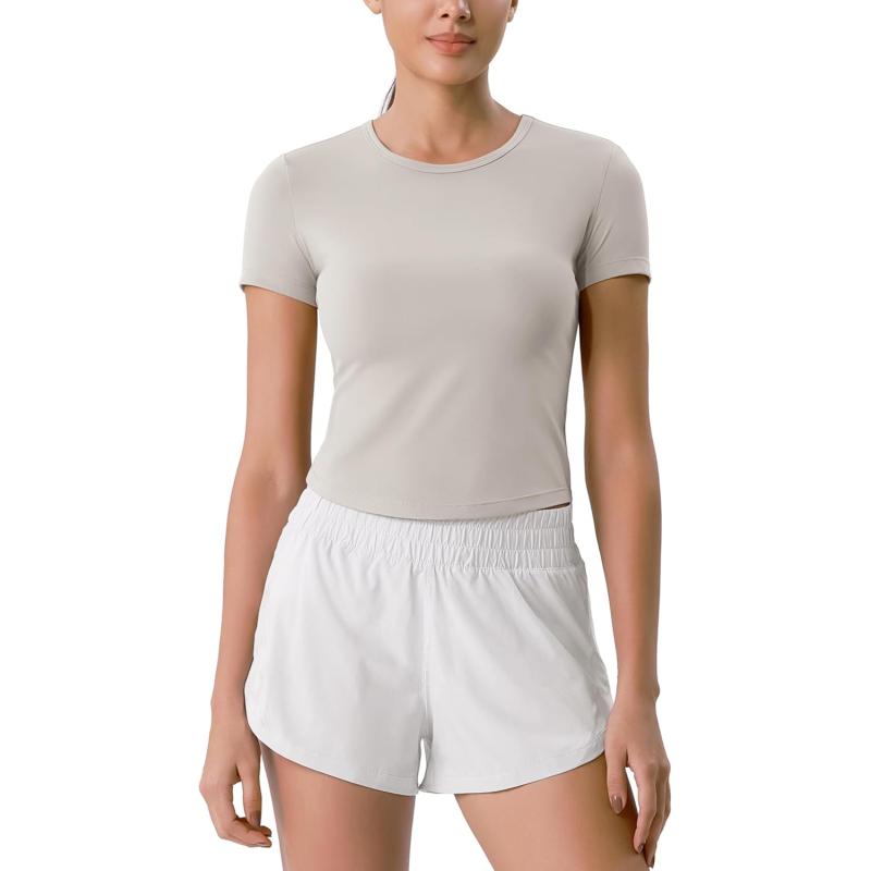 ODODOS Cloud Feeling Short Sleeve Tee for Women Curved Hem Crew Neck Crop Tops Summer Yoga TShirtsQuiet Gray