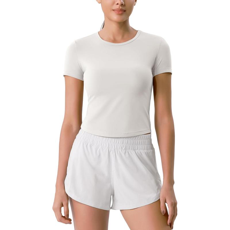 ODODOS Cloud Feeling Short Sleeve Tee for Women Curved Hem Crew Neck Crop Tops Summer Yoga TShirtsWhite