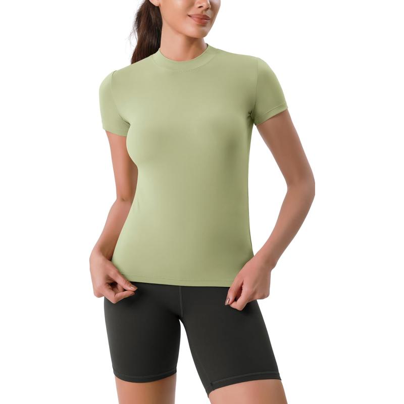 ODODOS Cloud Feeling Short Sleeve Tee for Women Mock Neck Summer Basic TShirts Yoga TopsCeladon Green
