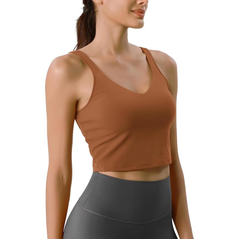 ODODOS Cloud Feeling Tank Bra for Women U Back Wirefree Longline Sports Bra Yoga Crop TopCaramel