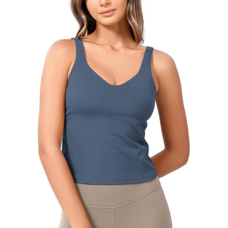 ODODOS Cloud Feeling Tank Bra for Women U Back Wirefree Longline Sports Bra Yoga Crop TopInk Blue