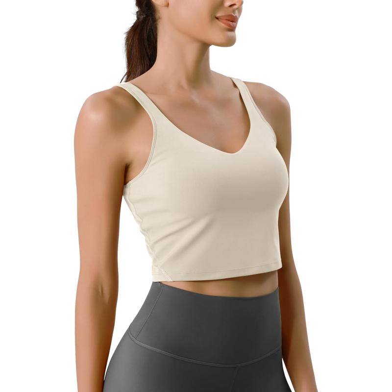 ODODOS Cloud Feeling Tank Bra for Women U Back Wirefree Longline Sports Bra Yoga Crop TopOat Milk