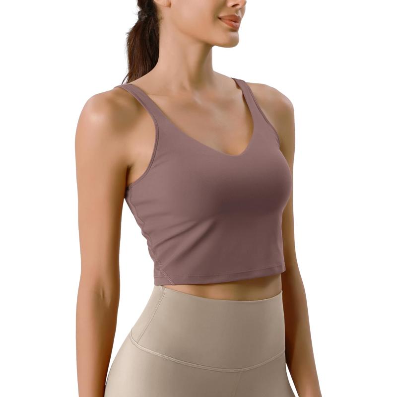 ODODOS Cloud Feeling Tank Bra for Women U Back Wirefree Longline Sports Bra Yoga Crop TopPurple Taupe