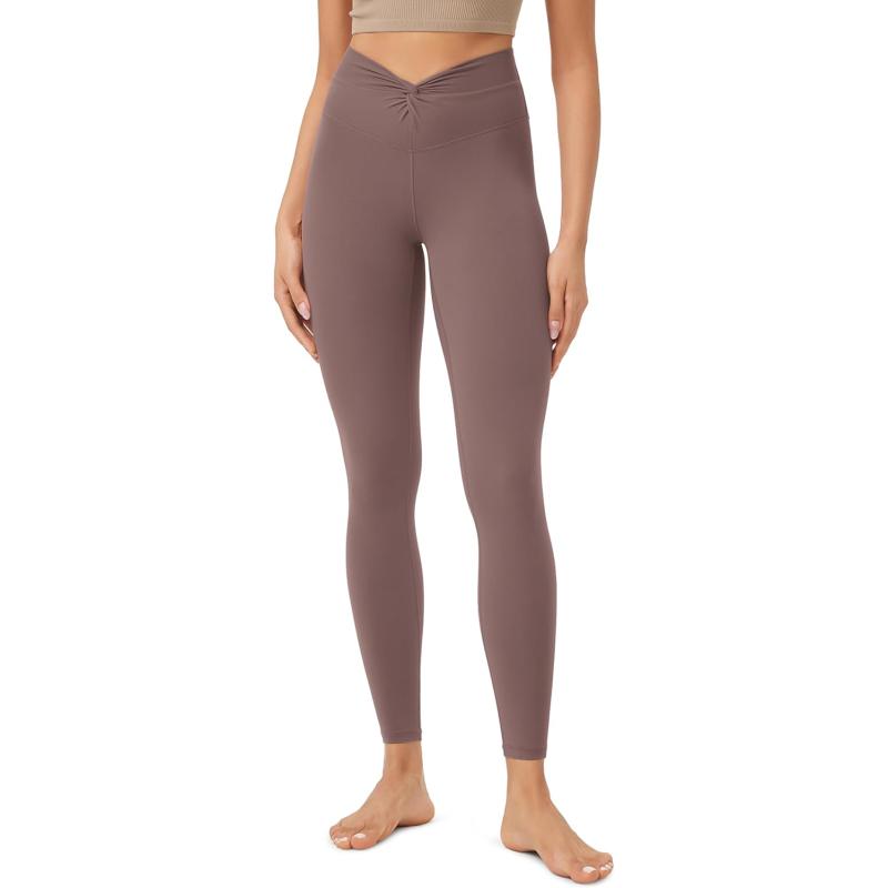 ODODOS Cloud Feeling Twist Yoga Leggings for Women 25quot  28quot High Waist Crossover Yoga PantsPurple Taupe