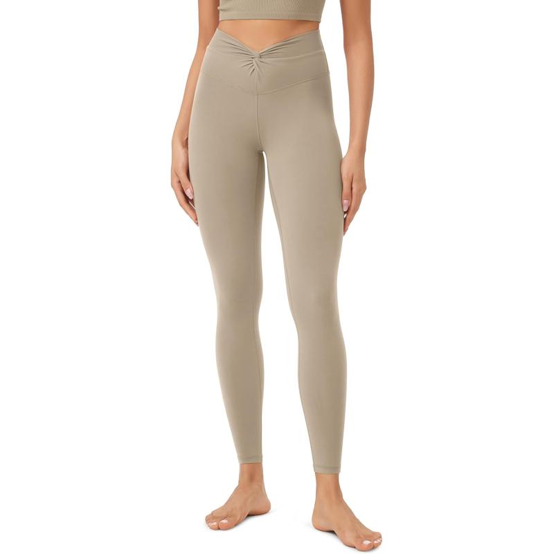 ODODOS Cloud Feeling Twist Yoga Leggings for Women 25quot  28quot High Waist Crossover Yoga PantsShaker Beige