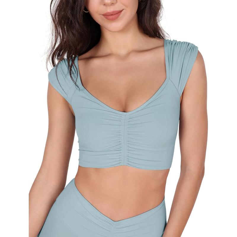 ODODOS Ruched Front Crop Tank for Women VNeck Cut Out Back Cap Sleeve Cropped TopsChambray