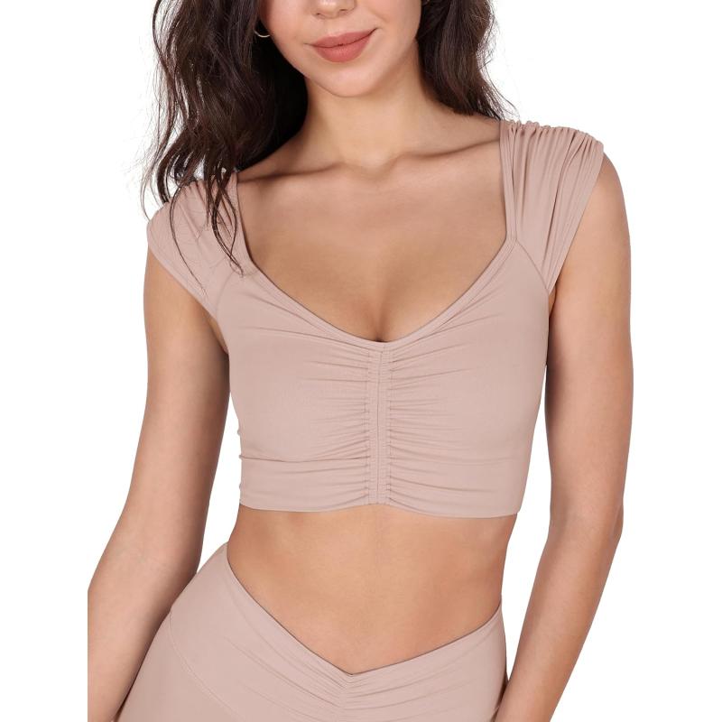 ODODOS Ruched Front Crop Tank for Women VNeck Cut Out Back Cap Sleeve Cropped TopsDusty Pink