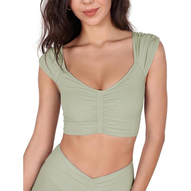 ODODOS Ruched Front Crop Tank for Women VNeck Cut Out Back Cap Sleeve Cropped TopsLime Stone