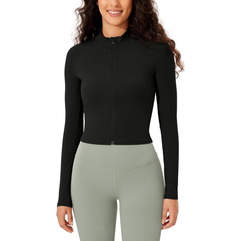 ODODOS Womens Cloud Feeling Athletic Jacket Full Zip Mock Neck Long Sleeve Lightweight Workout Cropped TopBlack