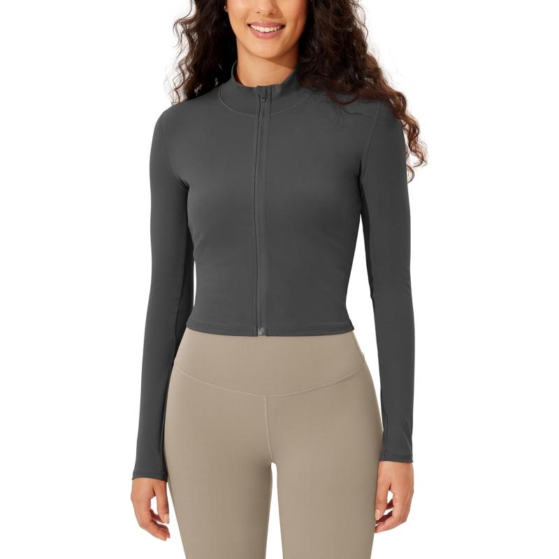ODODOS Womens Cloud Feeling Athletic Jacket Full Zip Mock Neck Long Sleeve Lightweight Workout Cropped TopCharcoal