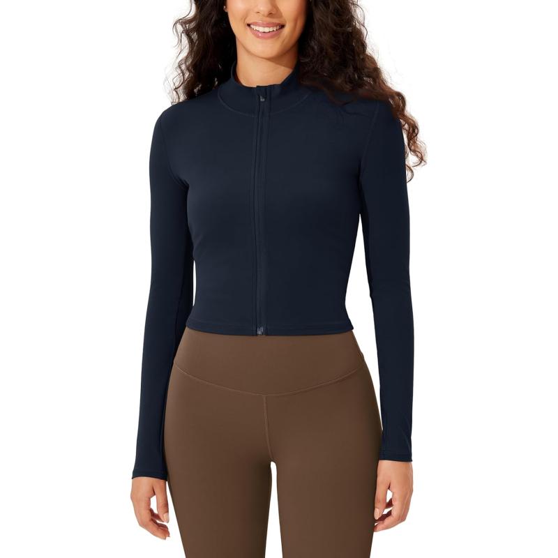 ODODOS Womens Cloud Feeling Athletic Jacket Full Zip Mock Neck Long Sleeve Lightweight Workout Cropped TopDeep Navy