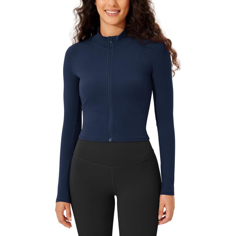 ODODOS Womens Cloud Feeling Athletic Jacket Full Zip Mock Neck Long Sleeve Lightweight Workout Cropped TopNavy