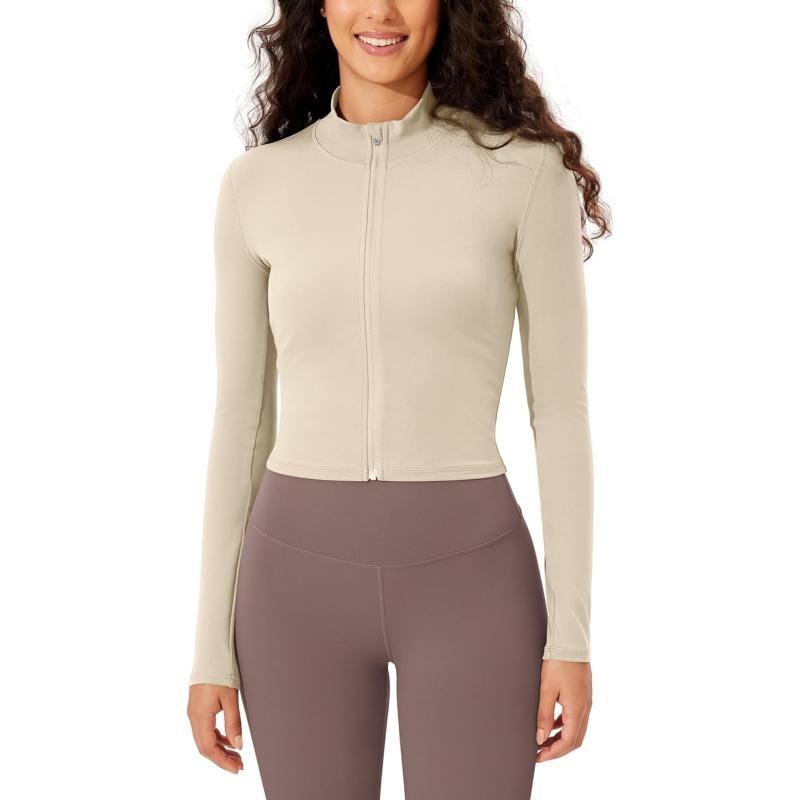 ODODOS Womens Cloud Feeling Athletic Jacket Full Zip Mock Neck Long Sleeve Lightweight Workout Cropped TopOat Milk