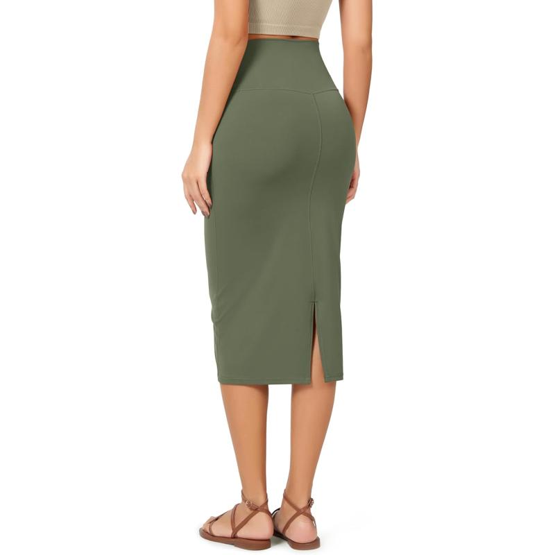 ODODOS Womens Cloud Feeling Midi Skirt High Waist Back Slit Bodycon SlimFit Pencil SkirtsDark Olive