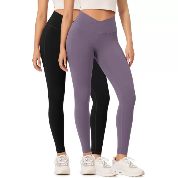 ODODOS 2 Pack Buttery Soft Cross Waist Leggings with Pockets for Women ODCLOUD 25quot  28quot Crossover Lounge Yoga PantsBlackash Violet