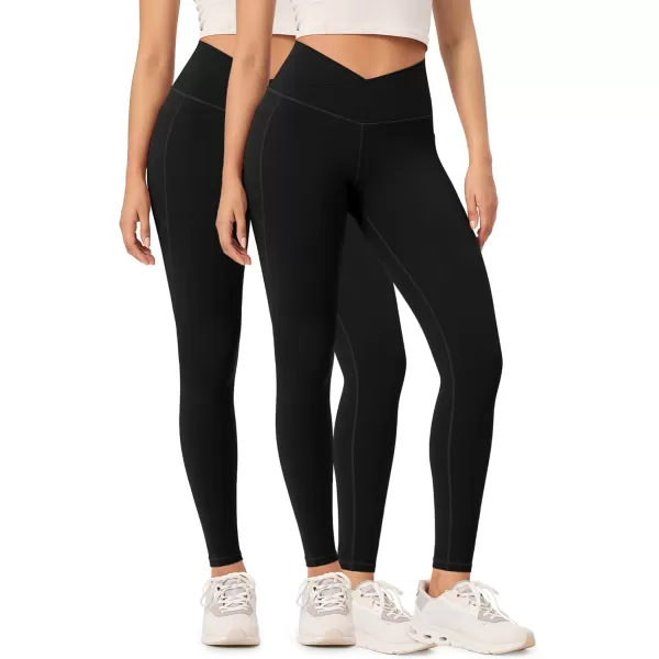 ODODOS 2 Pack Buttery Soft Cross Waist Leggings with Pockets for Women ODCLOUD 25quot  28quot Crossover Lounge Yoga PantsBlackblack