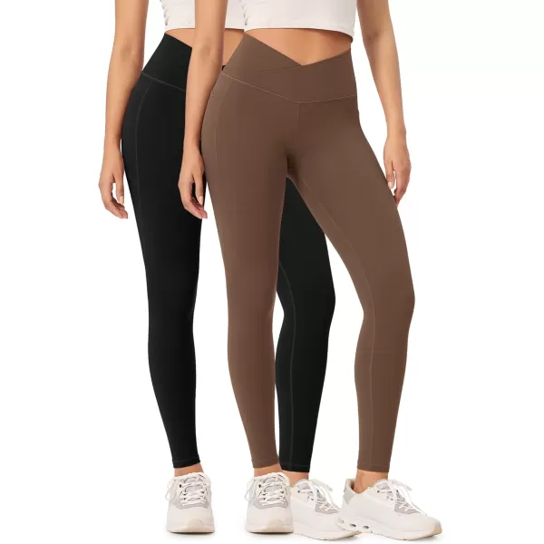 ODODOS 2 Pack Buttery Soft Cross Waist Leggings with Pockets for Women ODCLOUD 25quot  28quot Crossover Lounge Yoga PantsBlackbrunette