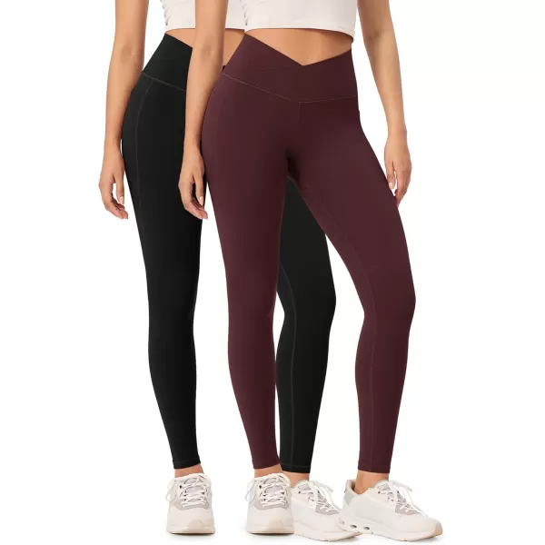 ODODOS 2 Pack Buttery Soft Cross Waist Leggings with Pockets for Women ODCLOUD 25quot  28quot Crossover Lounge Yoga PantsBlackburgundy