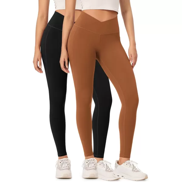 ODODOS 2 Pack Buttery Soft Cross Waist Leggings with Pockets for Women ODCLOUD 25quot  28quot Crossover Lounge Yoga PantsBlackcaramel