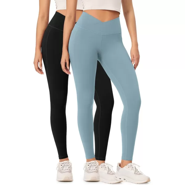 ODODOS 2 Pack Buttery Soft Cross Waist Leggings with Pockets for Women ODCLOUD 25quot  28quot Crossover Lounge Yoga PantsBlackchambray