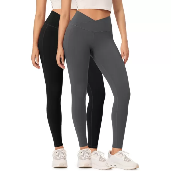 ODODOS 2 Pack Buttery Soft Cross Waist Leggings with Pockets for Women ODCLOUD 25quot  28quot Crossover Lounge Yoga PantsBlackcharcoal