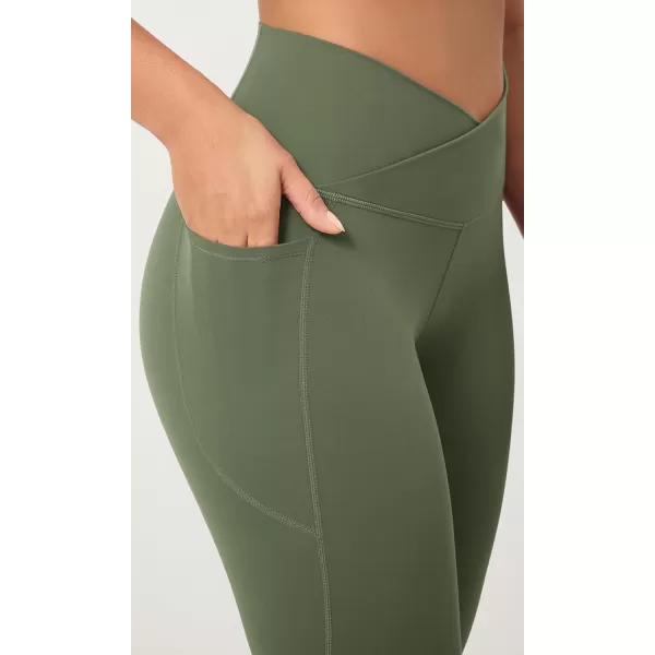 ODODOS 2 Pack Buttery Soft Cross Waist Leggings with Pockets for Women ODCLOUD 25quot  28quot Crossover Lounge Yoga PantsBlackdark Olive
