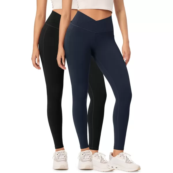 ODODOS 2 Pack Buttery Soft Cross Waist Leggings with Pockets for Women ODCLOUD 25quot  28quot Crossover Lounge Yoga PantsBlackdeep Navy