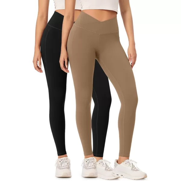 ODODOS 2 Pack Buttery Soft Cross Waist Leggings with Pockets for Women ODCLOUD 25quot  28quot Crossover Lounge Yoga PantsBlacklight Brown