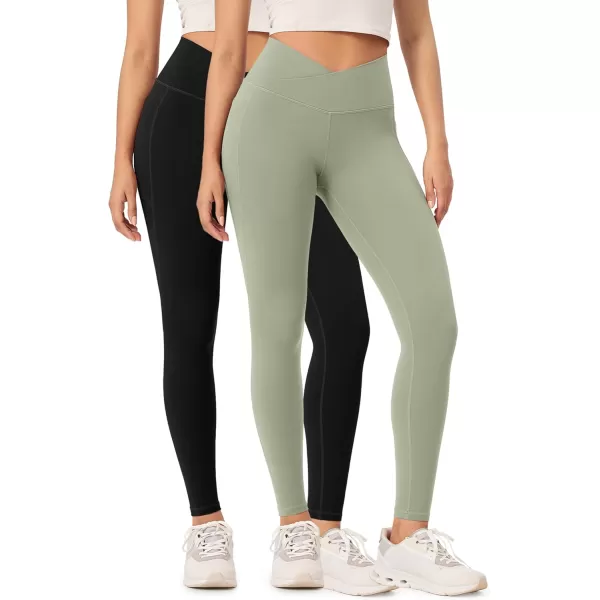 ODODOS 2 Pack Buttery Soft Cross Waist Leggings with Pockets for Women ODCLOUD 25quot  28quot Crossover Lounge Yoga PantsBlacklime Stone