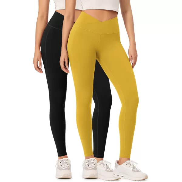 ODODOS 2 Pack Buttery Soft Cross Waist Leggings with Pockets for Women ODCLOUD 25quot  28quot Crossover Lounge Yoga PantsBlackmango Mint
