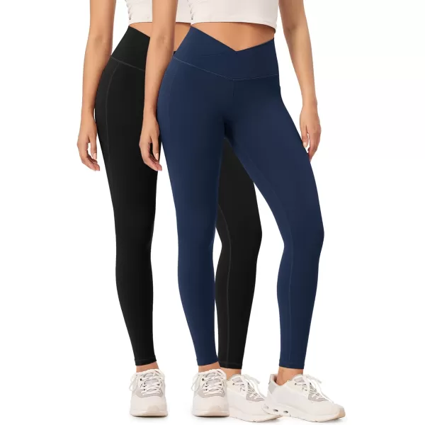 ODODOS 2 Pack Buttery Soft Cross Waist Leggings with Pockets for Women ODCLOUD 25quot  28quot Crossover Lounge Yoga PantsBlacknavy