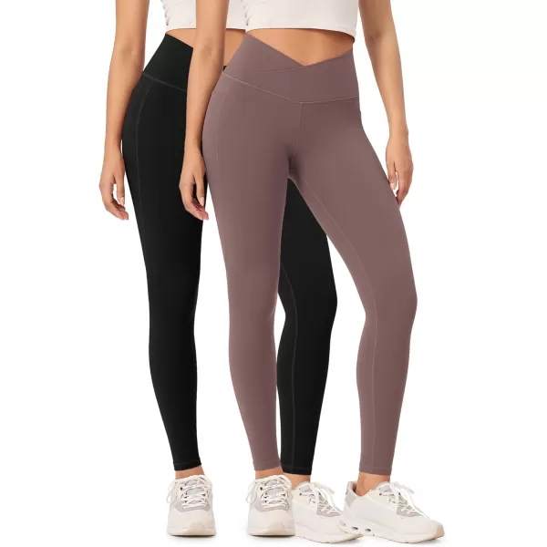 ODODOS 2 Pack Buttery Soft Cross Waist Leggings with Pockets for Women ODCLOUD 25quot  28quot Crossover Lounge Yoga PantsBlackpurple Taupe